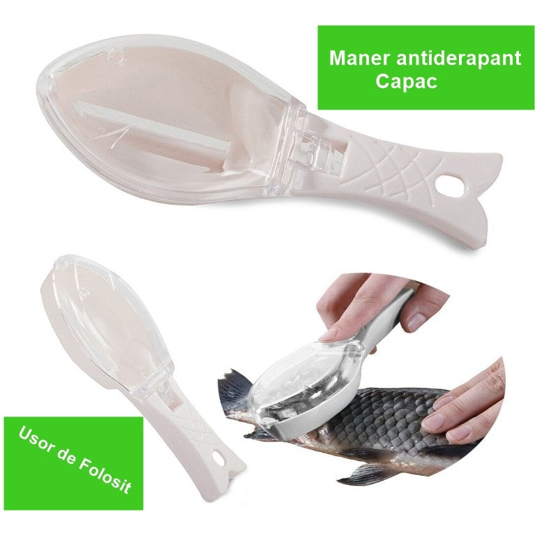 Curatator Manual Solzi de Peste, Flippy, Forma Peste , Recipient cu Capcac pentru Solzi, Plastic, Roz pal, 16x6 cm-1