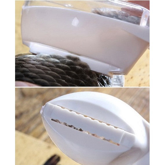 Curatator Manual Solzi de Peste, Flippy, Forma Peste , Recipient cu Capcac pentru Solzi, Plastic, Roz pal, 16x6 cm-3