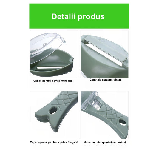 Curatator Manual Solzi de Peste, Flippy, Forma Peste , Recipient cu Capcac pentru Solzi, Plastic, Verde deschis, 16x6 cm-1