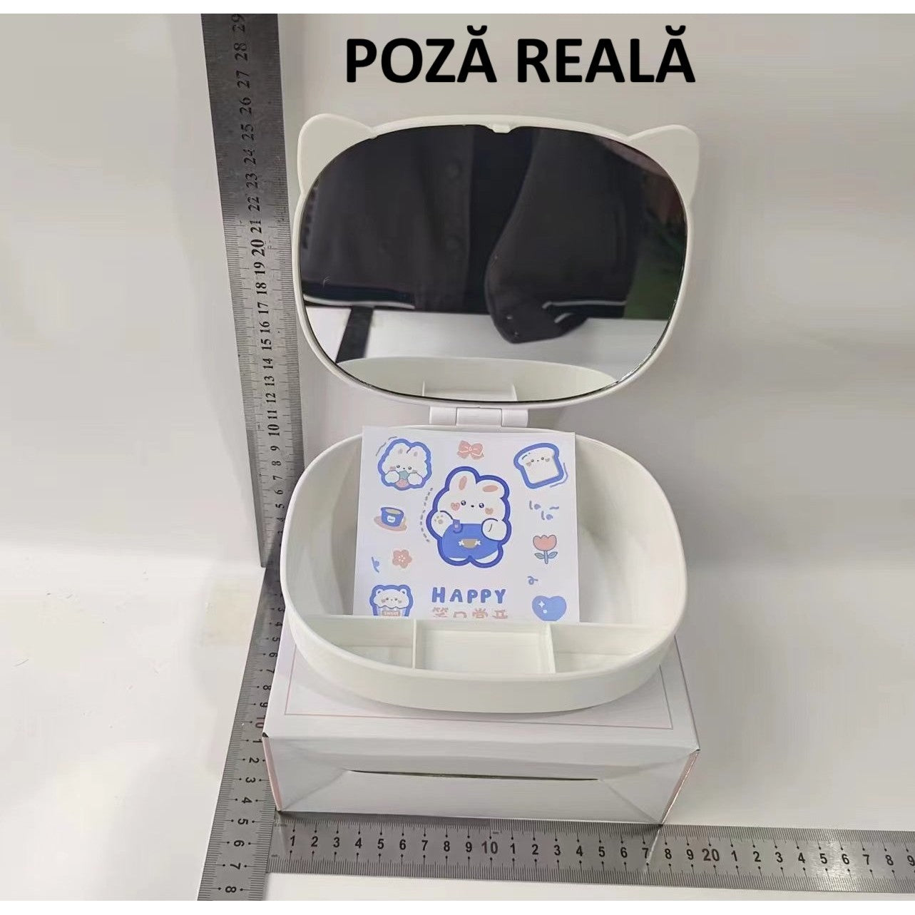 Cutie cu Oglinda, Model Pisica, Flippy, 4 Compartimente, Cutie de Depozitare a Machiajelor si Accesoriilor, Oglinda de Machiaj, 17x13x6cm, Alb-5