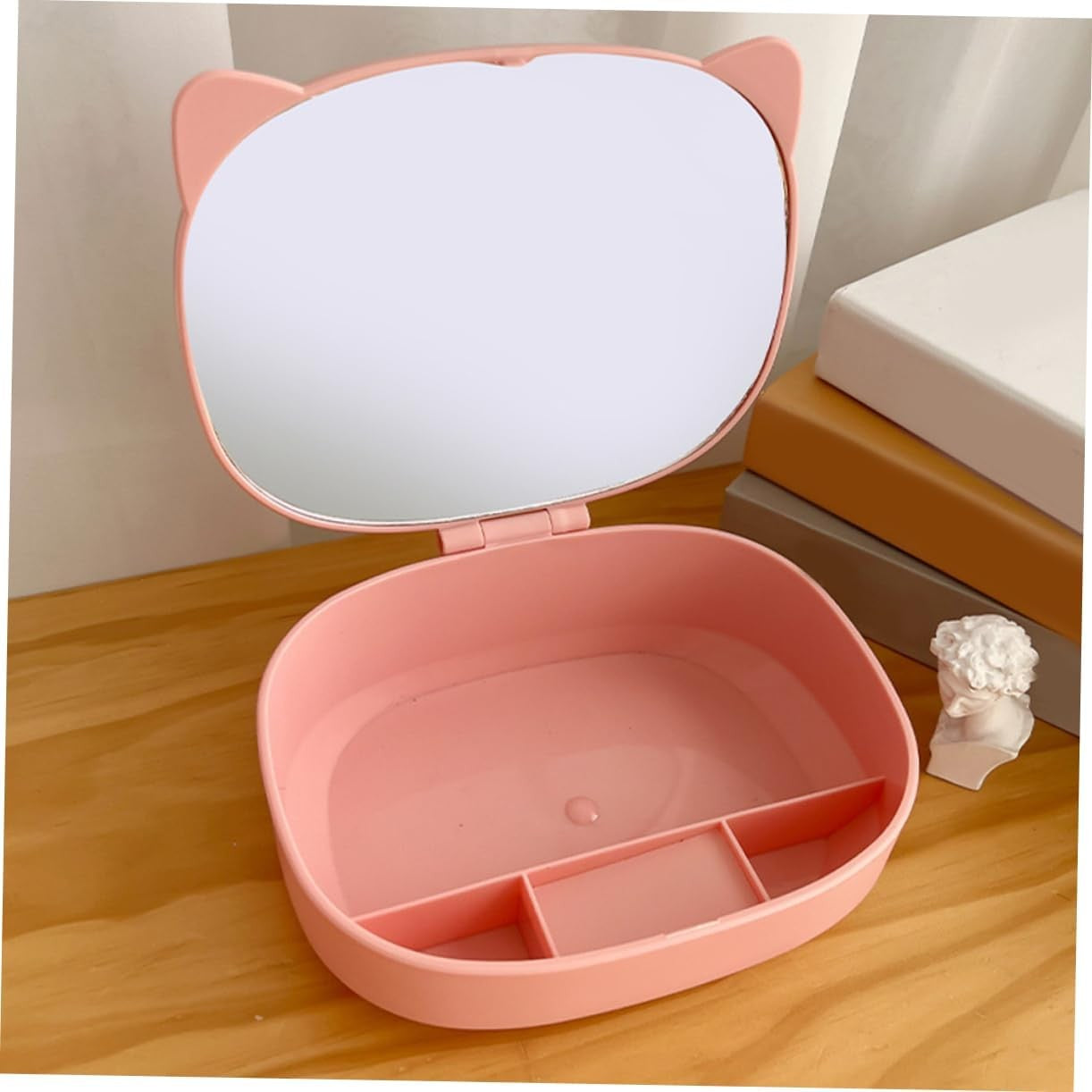 Cutie Organizatoare cu Oglinda, Flippy, 4 Compartimente, pentru Cosmetice si Accesorii, din ABS, 17x13x6 cm, Roz-1