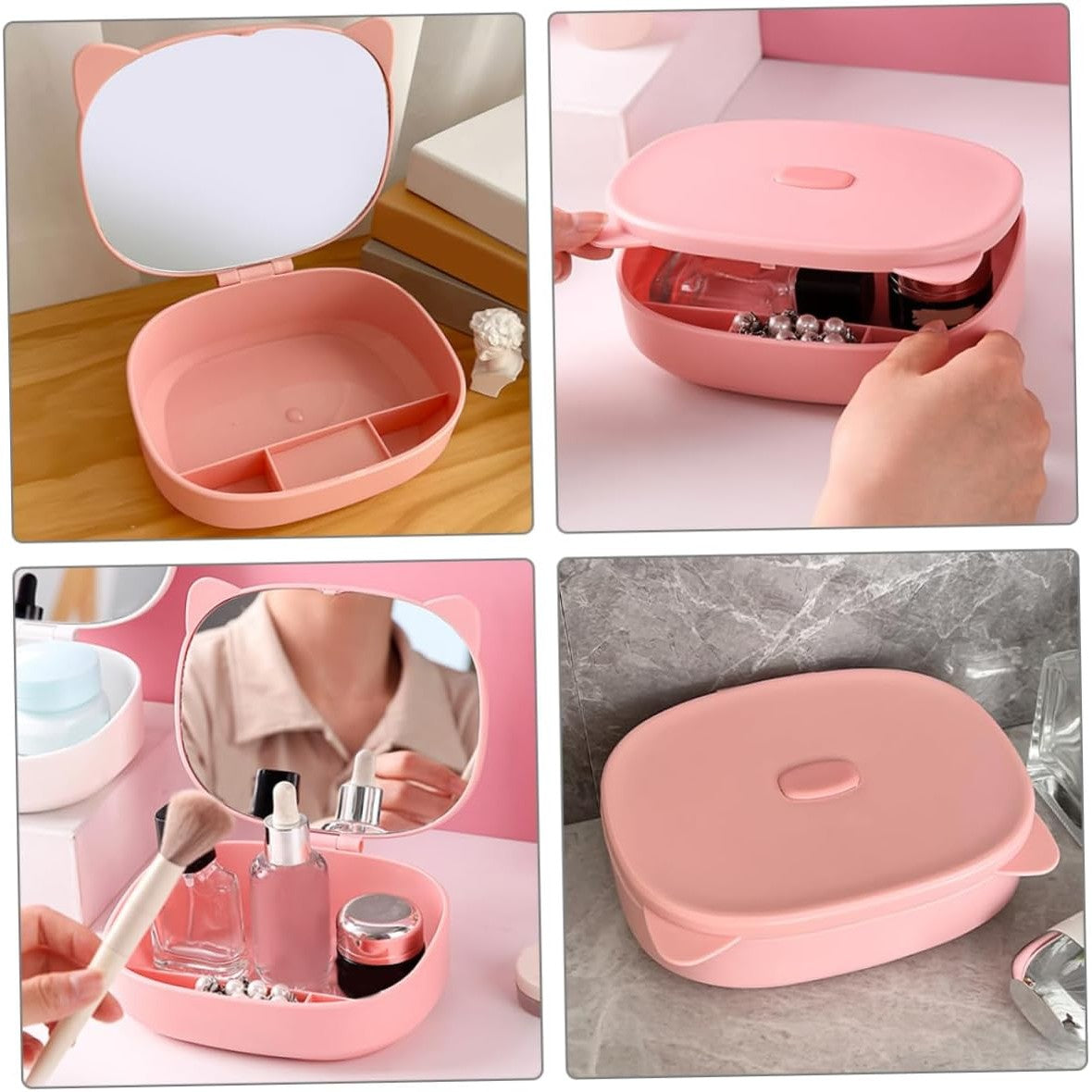 Cutie Organizatoare cu Oglinda, Flippy, 4 Compartimente, pentru Cosmetice si Accesorii, din ABS, 17x13x6 cm, Roz-2