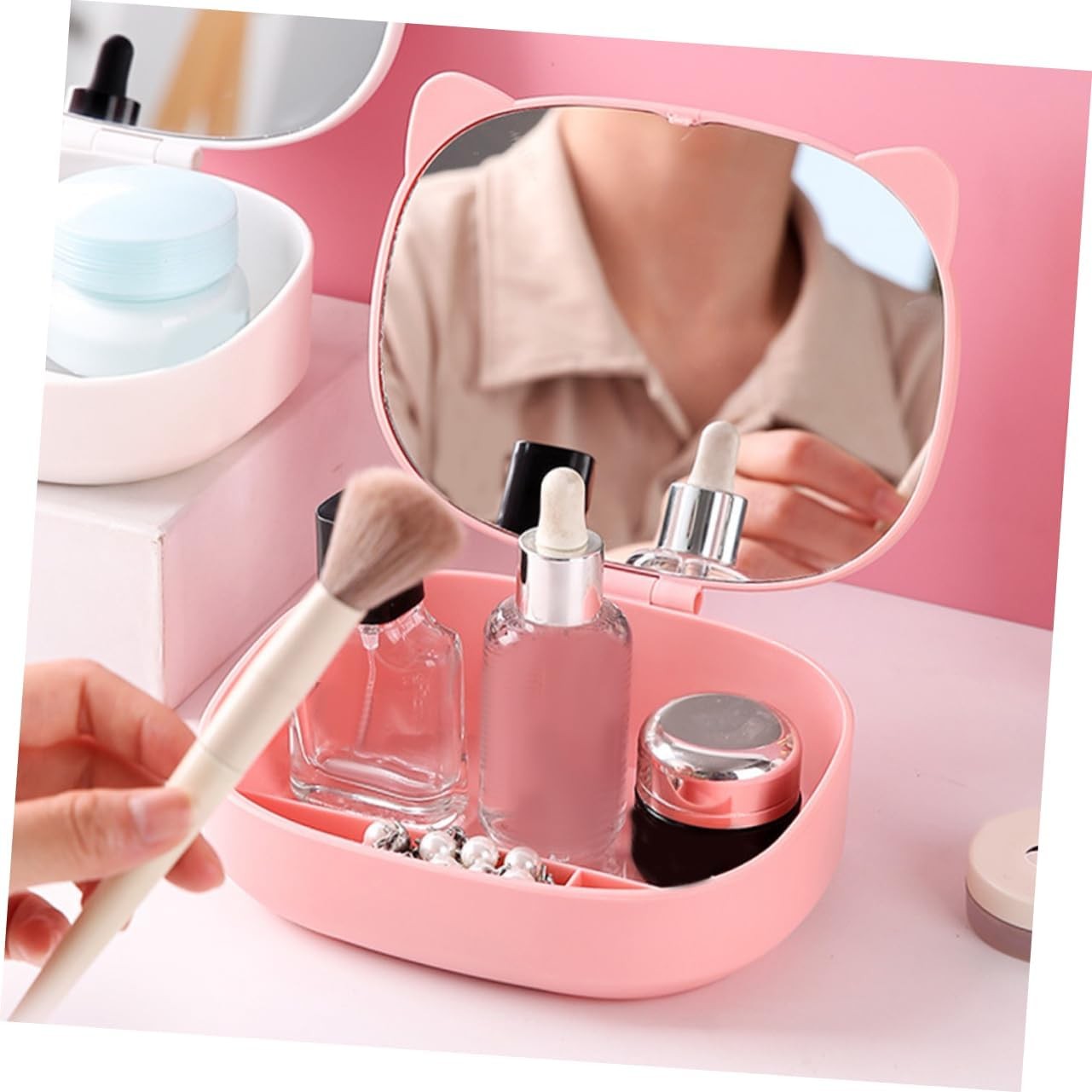 Cutie Organizatoare cu Oglinda, Flippy, 4 Compartimente, pentru Cosmetice si Accesorii, din ABS, 17x13x6 cm, Roz-3