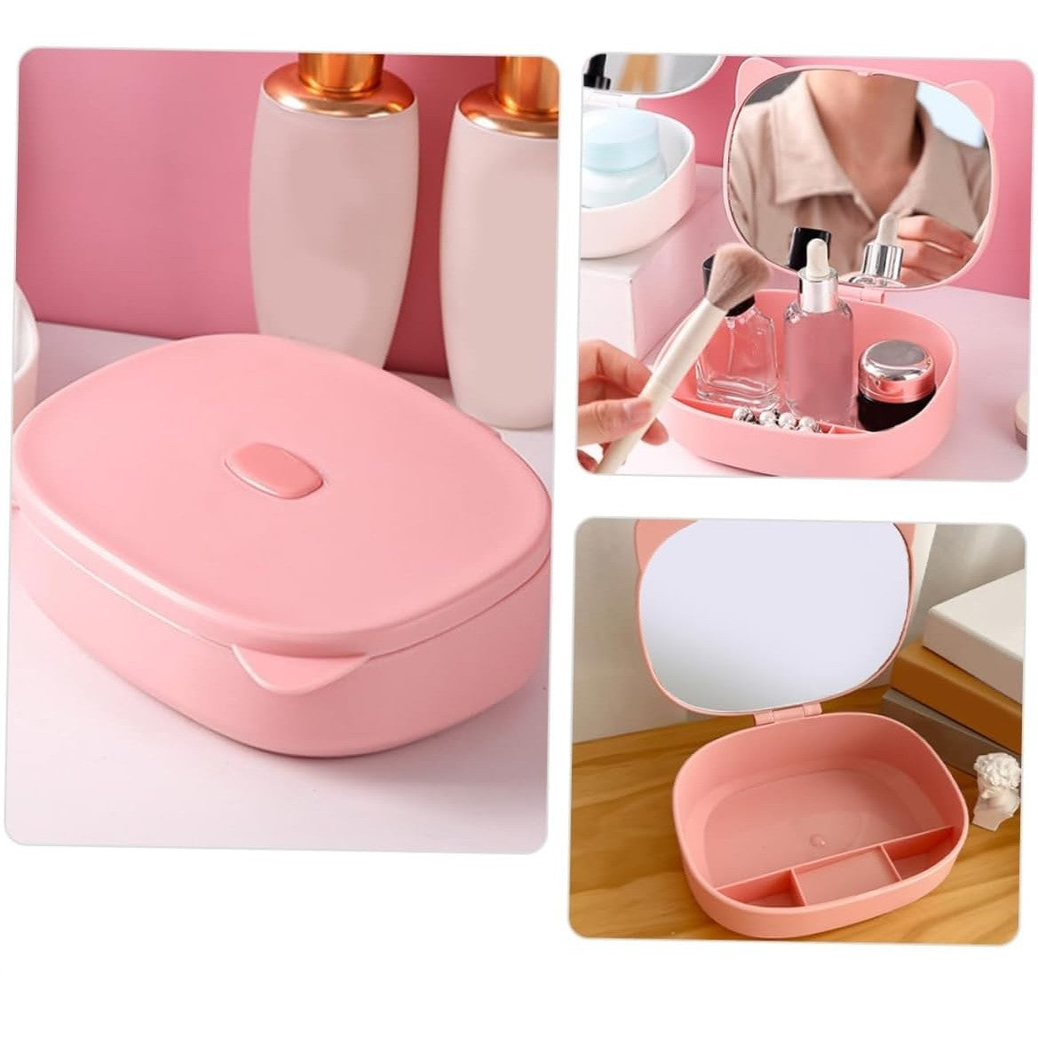 Cutie Organizatoare cu Oglinda, Flippy, 4 Compartimente, pentru Cosmetice si Accesorii, din ABS, 17x13x6 cm, Roz-4