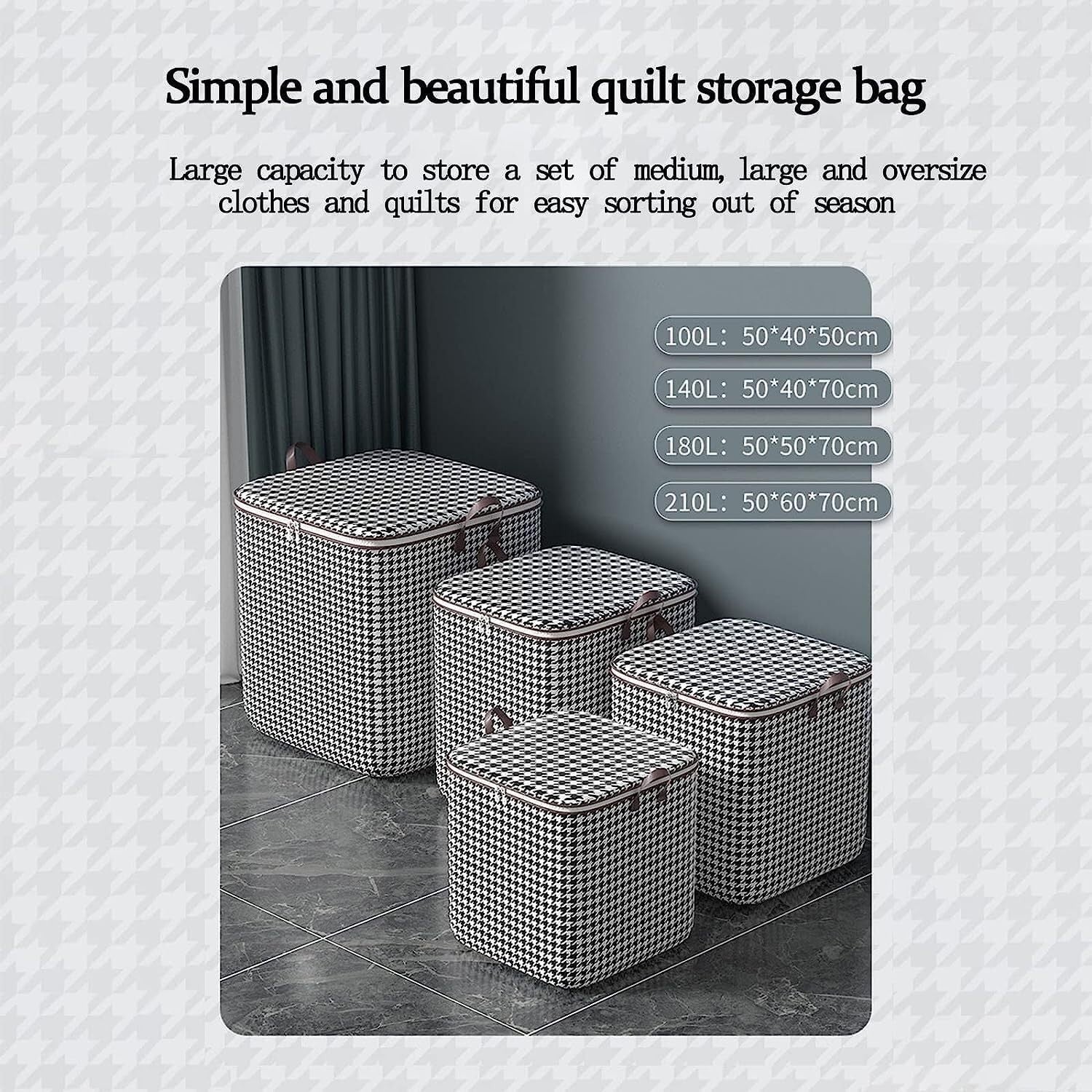 Cutie de Depozitare cu Fermoar, Flippy, Pliabila, Maner Ranforsat, Fermoar Rezistent, pentru Haine, Paturi, Plapumi, Perne, Lenjerii de Pat, Jucarii, 40x50x50 cm, 100 Litri, in Carouri, Alb-Negru-4