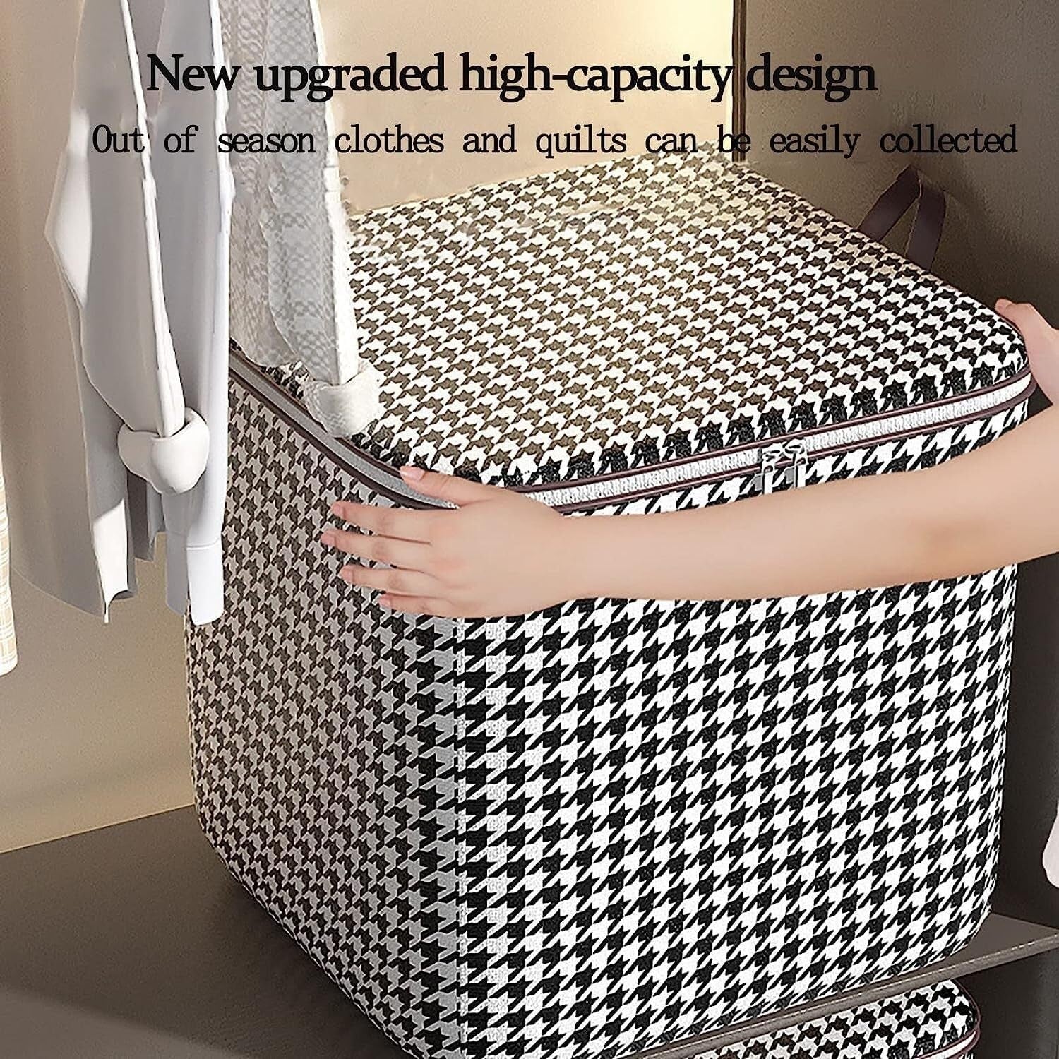 Cutie de Depozitare cu Fermoar, Flippy, Pliabila, Maner Ranforsat, Fermoar Rezistent, pentru Haine, Paturi, Plapumi, Perne, Lenjerii de Pat, Jucarii, 40x50x50 cm, 100 Litri, in Carouri, Alb-Negru-6