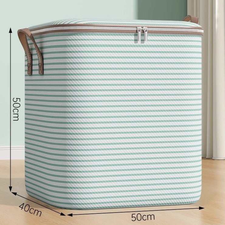 Cutie de Depozitare cu Fermoar, Flippy, Pliabila, Maner Ranforsat, Fermoar Rezistent, pentru Haine, Paturi, Plapume, Perne, Lenjerii de Pat, Jucarii, 50x40x50 cm, 100 Litri, in Dungi, Verde-1