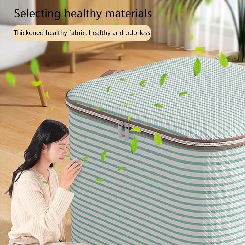 Cutie de Depozitare cu Fermoar, Flippy, Pliabila, Maner Ranforsat, Fermoar Rezistent, pentru Haine, Paturi, Plapume, Perne, Lenjerii de Pat, Jucarii, 50x40x50 cm, 100 Litri, in Dungi, Verde-5