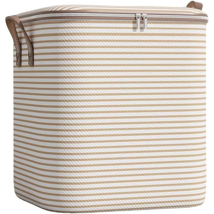 Cutie de Depozitare cu Fermoar, Flippy, Pliabila, Maner Ranforsat, Fermoar Rezistent, pentru Haine, Paturi, Plapume, Perne, Lenjerii de Pat, Jucarii, 56x45x56 cm, 150 Litri, in Dungi, Bej-2