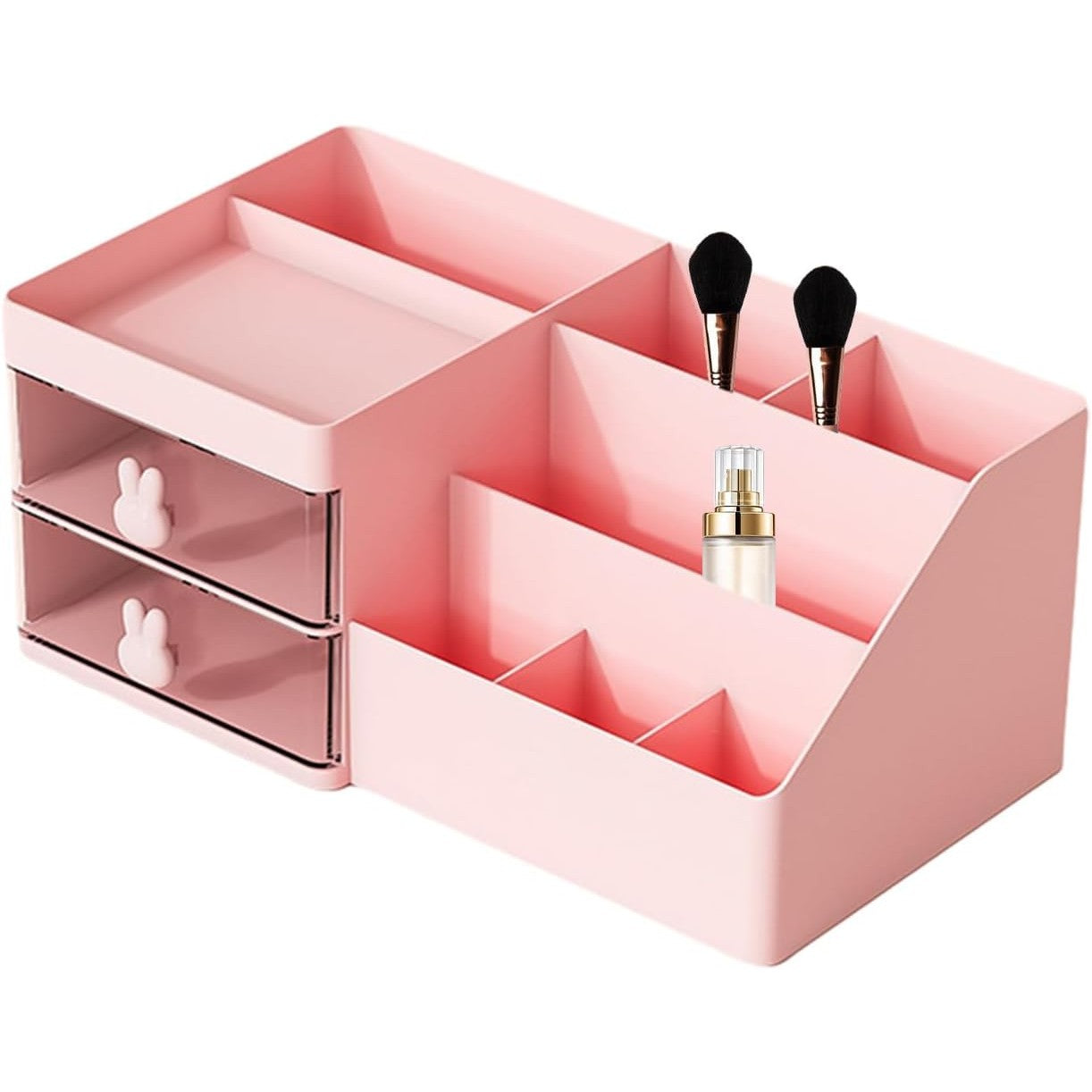 Cutie de Depozitare pentru Birou, Flippy, Pentru Makeup, Papetarie, Organizator Cosmetice, 2 Sertare si Compartimente Multiple, Model Iepuras, Plastic, 27.5x15.5x12 cm, Roz-4