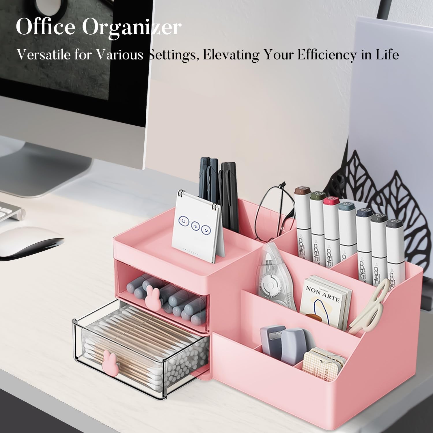 Cutie de Depozitare pentru Birou, Flippy, Pentru Makeup, Papetarie, Organizator Cosmetice, 2 Sertare si Compartimente Multiple, Model Iepuras, Plastic, 27.5x15.5x12 cm, Roz-5