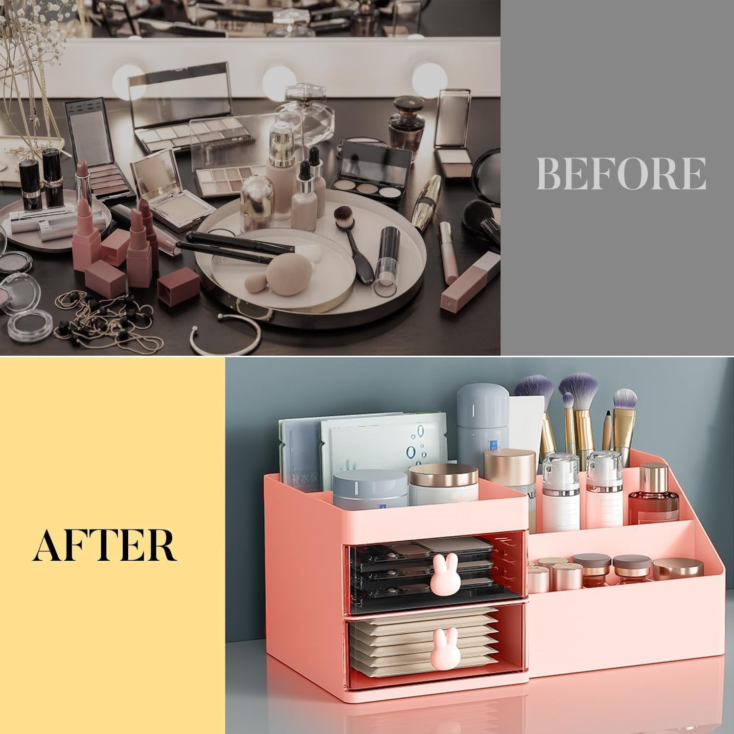 Cutie de Depozitare pentru Birou, Flippy, Pentru Makeup, Papetarie, Organizator Cosmetice, 2 Sertare si Compartimente Multiple, Model Iepuras, Plastic, 27.5x15.5x12 cm, Roz-7