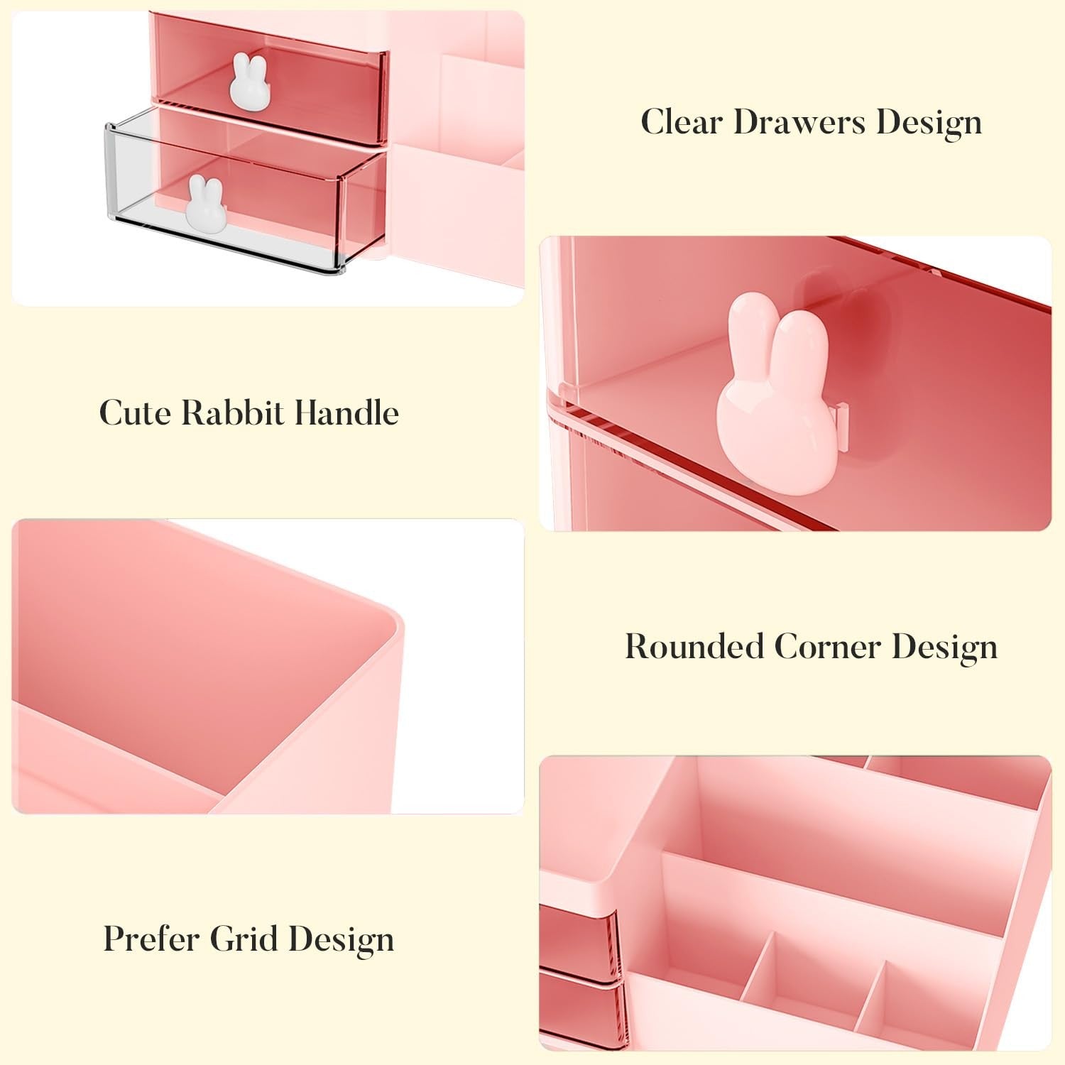 Cutie de Depozitare pentru Birou, Flippy, Pentru Makeup, Papetarie, Organizator Cosmetice, 2 Sertare si Compartimente Multiple, Model Iepuras, Plastic, 27.5x15.5x12 cm, Roz-8