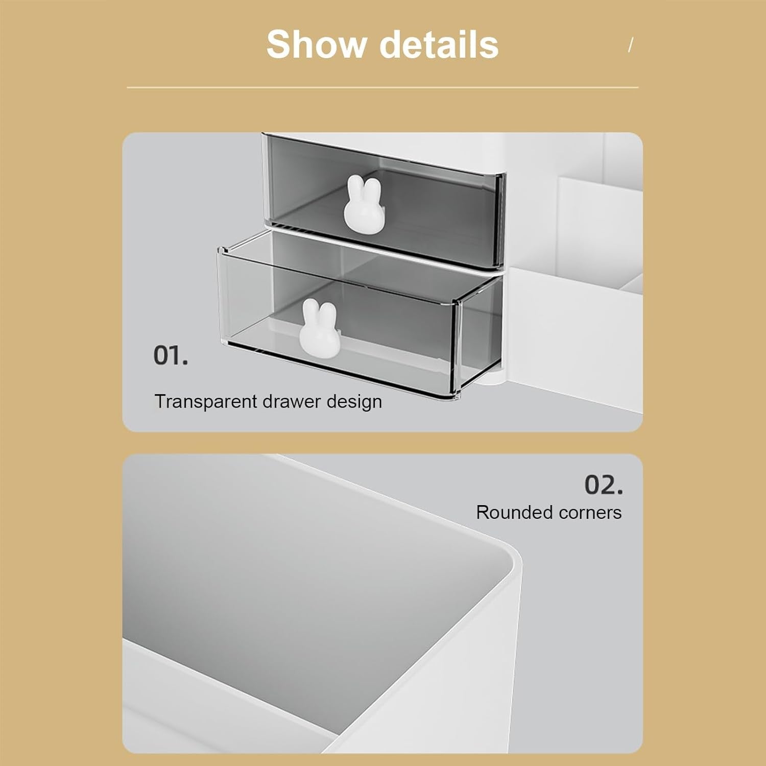 Cutie de Depozitare pentru Birou, Flippy, Pentru Makeup, Papetarie, Organizator Cosmetice, 2 Sertare si Compartimente Multiple, Model Iepuras, Plastic, 27.5x15.5x12 cm, Alb-2