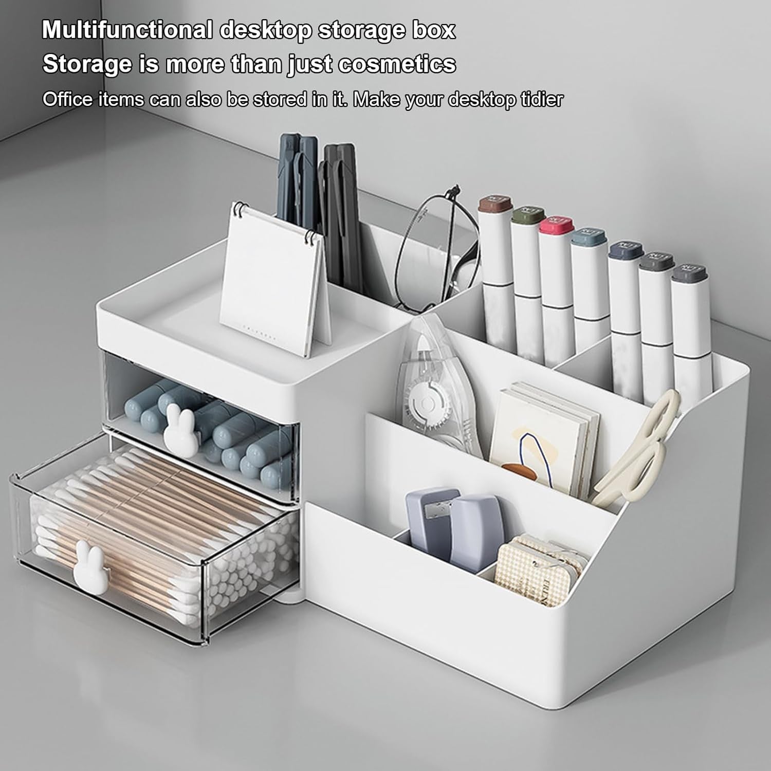 Cutie de Depozitare pentru Birou, Flippy, Pentru Makeup, Papetarie, Organizator Cosmetice, 2 Sertare si Compartimente Multiple, Model Iepuras, Plastic, 27.5x15.5x12 cm, Alb-4