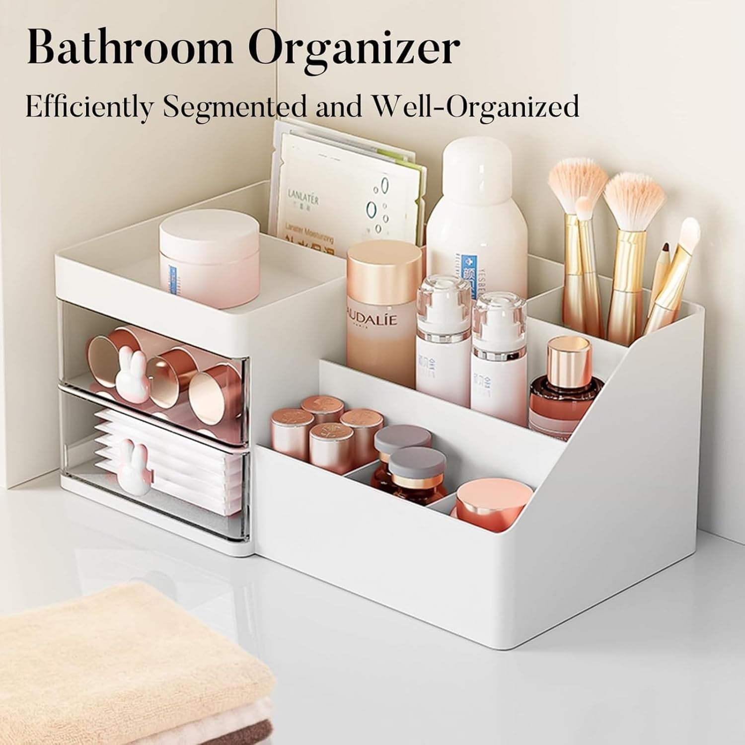 Cutie de Depozitare pentru Birou, Flippy, Pentru Makeup, Papetarie, Organizator Cosmetice, 2 Sertare si Compartimente Multiple, Model Iepuras, Plastic, 27.5x15.5x12 cm, Alb-5