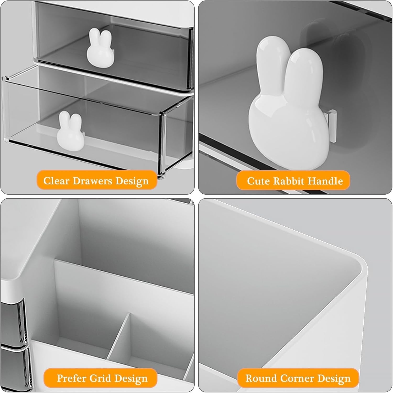 Cutie de Depozitare pentru Birou, Flippy, Pentru Makeup, Papetarie, Organizator Cosmetice, 2 Sertare si Compartimente Multiple, Model Iepuras, Plastic, 27.5x15.5x12 cm, Alb-7