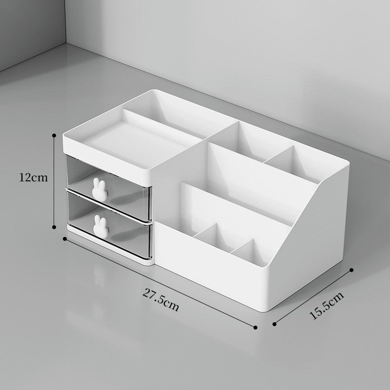 Cutie de Depozitare pentru Birou, Flippy, Pentru Makeup, Papetarie, Organizator Cosmetice, 2 Sertare si Compartimente Multiple, Model Iepuras, Plastic, 27.5x15.5x12 cm, Alb-10