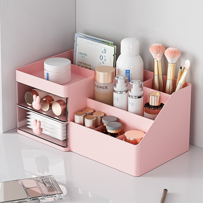 Cutie de Depozitare pentru Birou, Flippy, Pentru Makeup, Papetarie, Organizator Cosmetice, 2 Sertare si Compartimente Multiple, Model Iepuras, Plastic, 27.5x15.5x12 cm, Roz-11