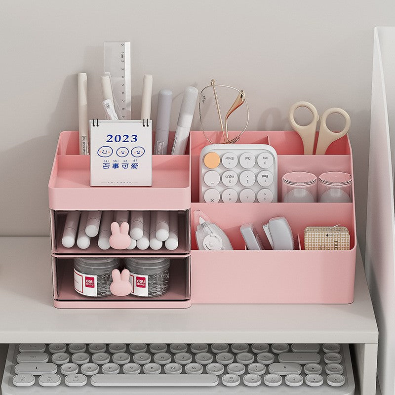 Cutie de Depozitare pentru Birou, Flippy, Pentru Makeup, Papetarie, Organizator Cosmetice, 2 Sertare si Compartimente Multiple, Model Iepuras, Plastic, 27.5x15.5x12 cm, Roz-12