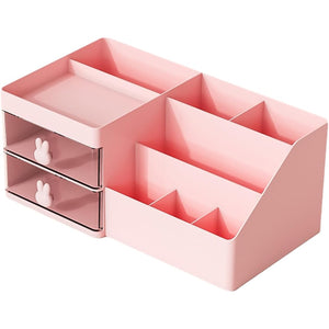 Cutie de Depozitare pentru Birou, Flippy, Pentru Makeup, Papetarie, Organizator Cosmetice, 2 Sertare si Compartimente Multiple, Model Iepuras, Plastic, 27.5x15.5x12 cm, Roz-0