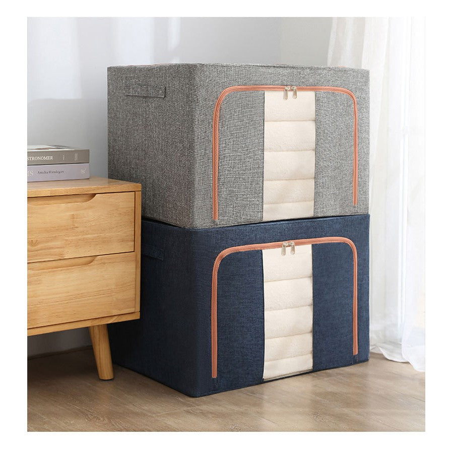 Cutie de Depozitare Pliabila, Flippy, 24 L, din Bumbac si In, 40x30x20 cm, Fereastra Frontala, 2 Usi de Acces cu Fermoar Bidirectional, Cadru Metalic, Suport Baza Stabil din Plastic, Gri-10