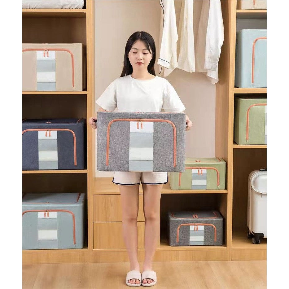 Cutie de Depozitare Pliabila, Flippy, 24 L, din Bumbac si In, 40x30x20 cm, Fereastra Frontala, 2 Usi de Acces cu Fermoar Bidirectional, Cadru Metalic, Suport Baza Stabil din Plastic, Verde-4