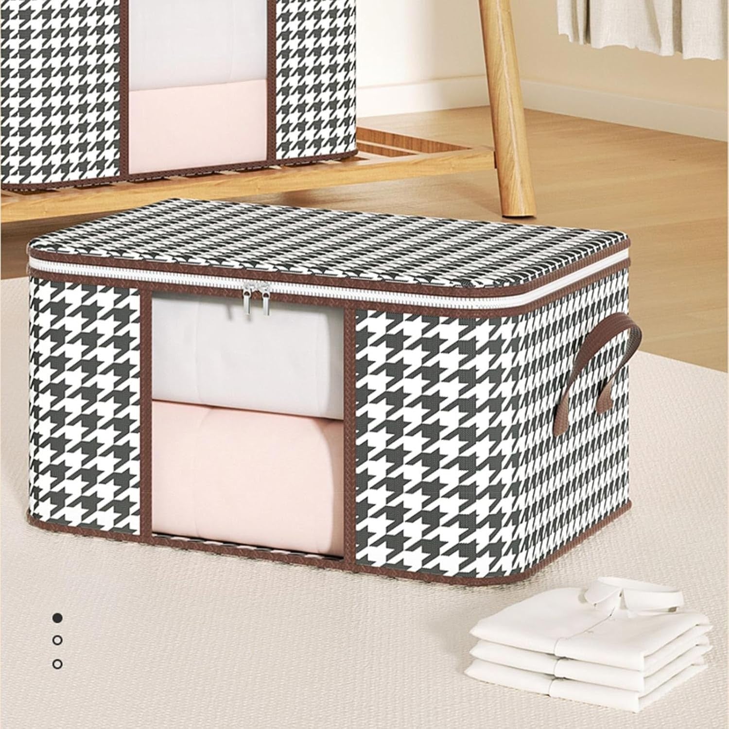 Cutie de Depozitare Pliabila, Flippy, 55x35x25 cm, 50 L, Fereastra Frontala, cu Fermoar Bidirectional, Cadru Metalic, Suport Baza Stabil, Imprimeu in Carouri, Alb/Negru-4