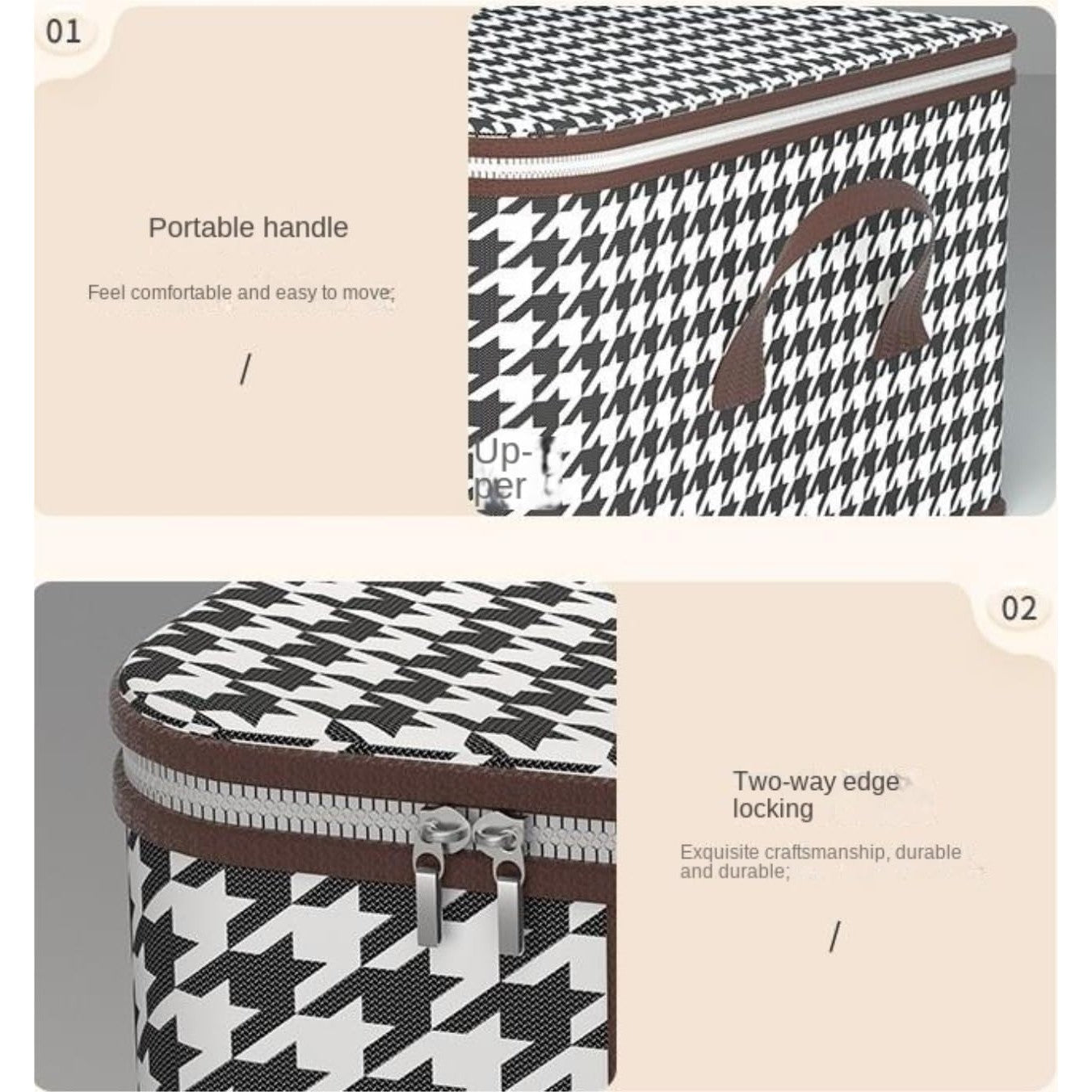 Cutie de Depozitare Pliabila, Flippy, 60x40x30 cm, 75 L, Fereastra Frontala, cu Fermoar Bidirectional, Cadru Metalic, Suport Baza Stabil, Imprimeu in Carouri, Alb/Negru-1