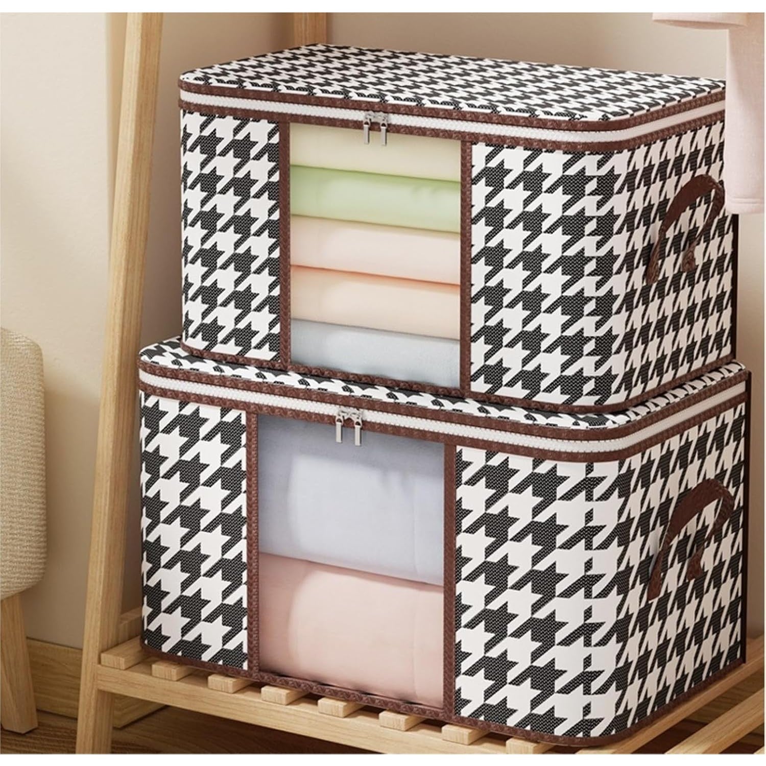 Cutie de Depozitare Pliabila, Flippy, 60x40x30 cm, 75 L, Fereastra Frontala, cu Fermoar Bidirectional, Cadru Metalic, Suport Baza Stabil, Imprimeu in Carouri, Alb/Negru-2