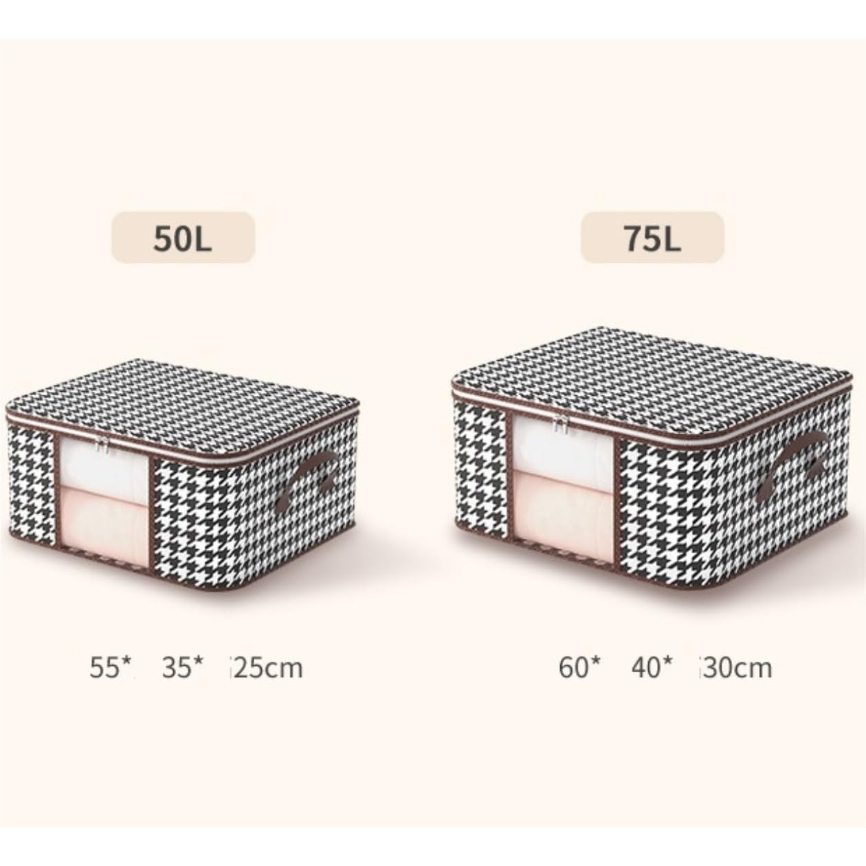 Cutie de Depozitare Pliabila, Flippy, 60x40x30 cm, 75 L, Fereastra Frontala, cu Fermoar Bidirectional, Cadru Metalic, Suport Baza Stabil, Imprimeu in Carouri, Alb/Negru-3