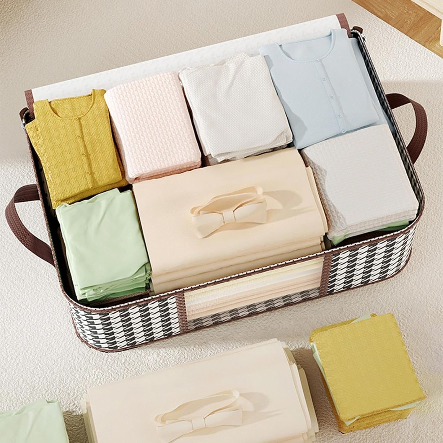 Cutie de Depozitare Pliabila, Flippy, 60x40x30 cm, 75 L, Fereastra Frontala, cu Fermoar Bidirectional, Cadru Metalic, Suport Baza Stabil, Imprimeu in Carouri, Alb/Negru-5