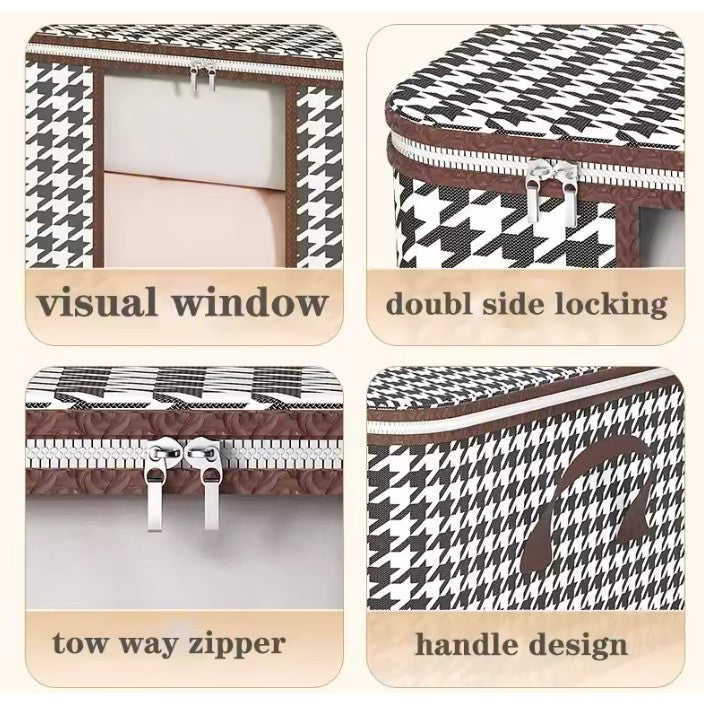 Cutie de Depozitare Pliabila, Flippy, 60x40x30 cm, 75 L, Fereastra Frontala, cu Fermoar Bidirectional, Cadru Metalic, Suport Baza Stabil, Imprimeu in Carouri, Alb/Negru-6