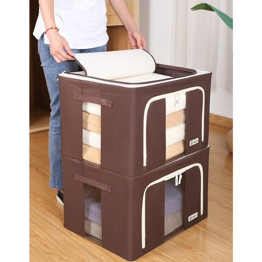 Cutie de Depozitare Pliabila, Flippy, Cu Fereastra si Fermoar Dublu, 66 L, Textil Premium, 50x40x33 cm, Cadru Metalic, Impermeabila, Maro-1