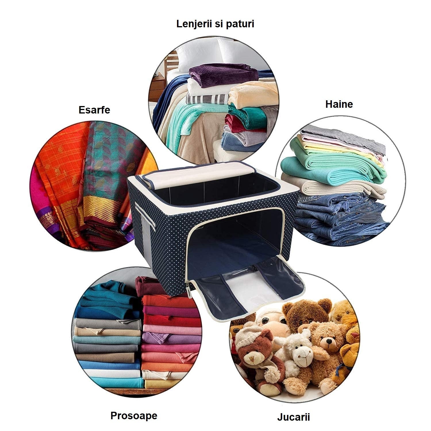 Cutie de Depozitare Pliabila, Flippy, Cu Fermoar, 100 L, Textil, 60x42x40 cm, Albastru Marin, Cadru Metalic, Suport Baza Stabil din Plastic, Imprimeu buline-2