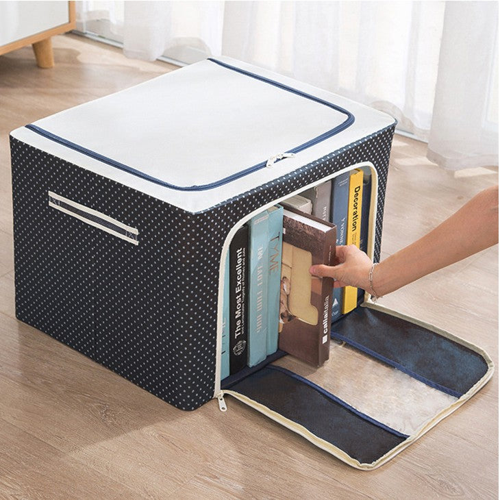 Cutie de Depozitare Pliabila, Flippy, Cu Fermoar, 100 L, Textil, 60x42x40 cm, Albastru Marin, Cadru Metalic, Suport Baza Stabil din Plastic, Imprimeu buline-3