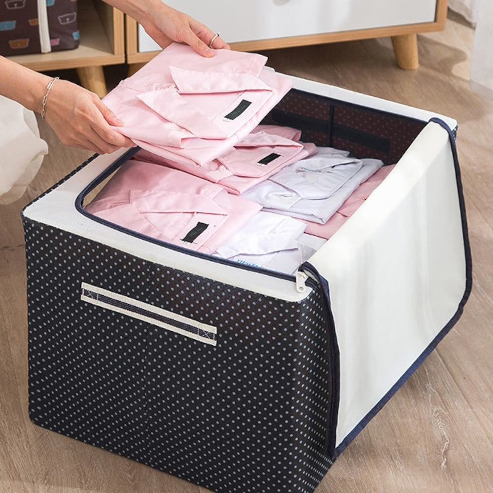 Cutie de Depozitare Pliabila, Flippy, Cu Fermoar, 100 L, Textil, 60x42x40 cm, Albastru Marin, Cadru Metalic, Suport Baza Stabil din Plastic, Imprimeu buline-4