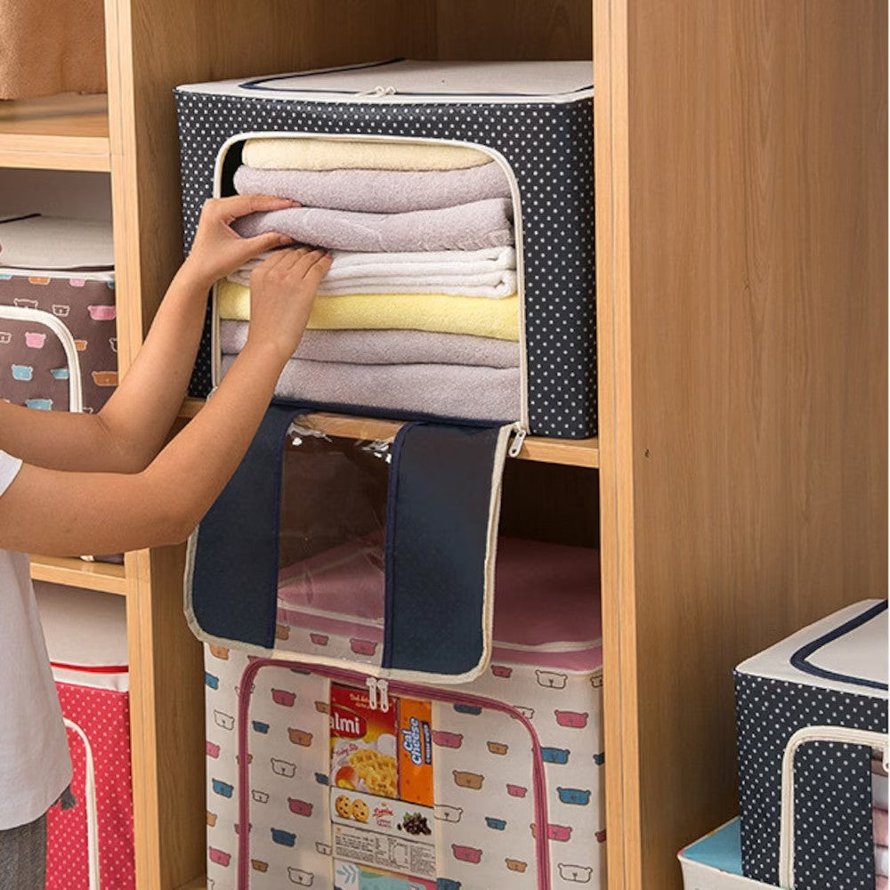 Cutie de Depozitare Pliabila, Flippy, Cu Fermoar, 100 L, Textil, 60x42x40 cm, Albastru Marin, Cadru Metalic, Suport Baza Stabil din Plastic, Imprimeu buline-5
