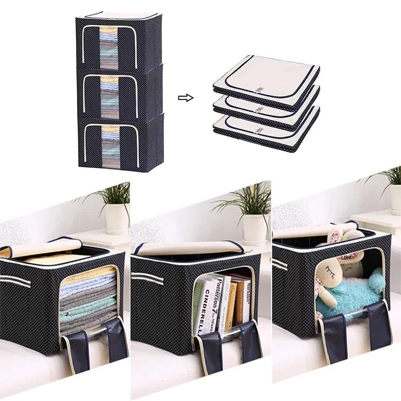Cutie de Depozitare Pliabila, Flippy, Cu Fermoar, 100 L, Textil, 60x42x40 cm, Albastru Marin, Cadru Metalic, Suport Baza Stabil din Plastic, Imprimeu buline-6