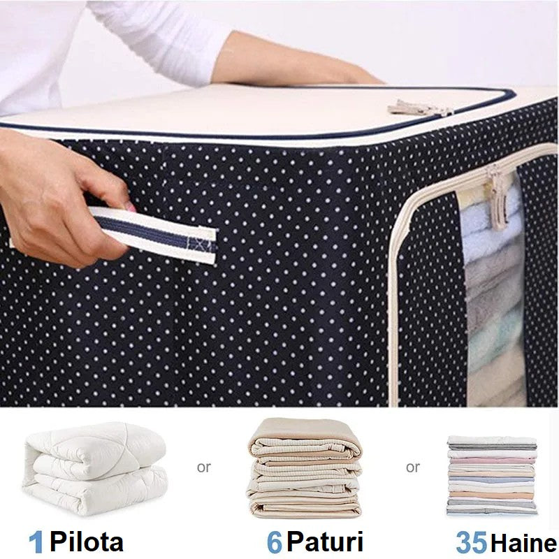 Cutie de Depozitare Pliabila, Flippy, Cu Fermoar, 100 L, Textil, 60x42x40 cm, Albastru Marin, Cadru Metalic, Suport Baza Stabil din Plastic, Imprimeu buline-7