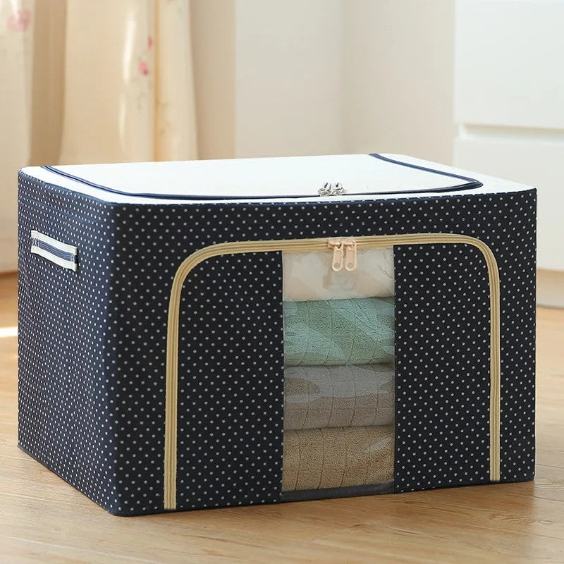 Cutie de Depozitare Pliabila, Flippy, Cu Fermoar, 100 L, Textil, 60x42x40 cm, Albastru Marin, Cadru Metalic, Suport Baza Stabil din Plastic, Imprimeu buline-8