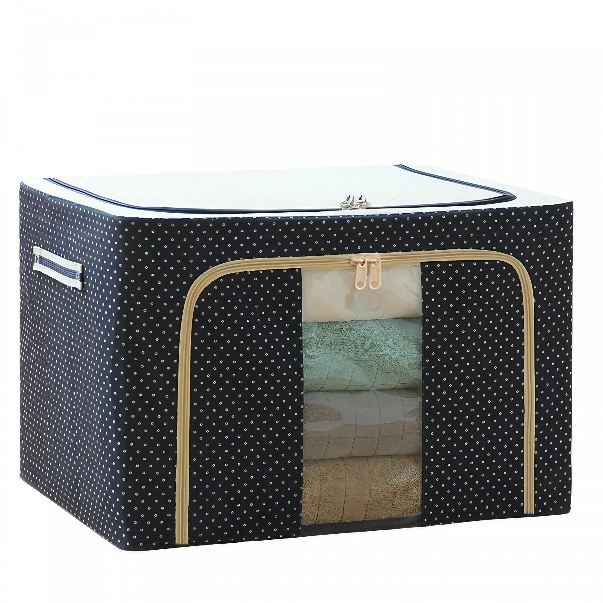 Cutie de Depozitare Pliabila, Flippy, Cu Fermoar, 100 L, Textil, 60x42x40 cm, Albastru Marin, Cadru Metalic, Suport Baza Stabil din Plastic, Imprimeu buline-9