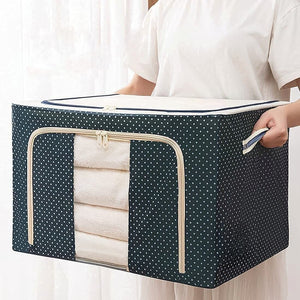 Cutie de Depozitare Pliabila, Flippy, Cu Fermoar, 100 L, Textil, 60x42x40 cm, Albastru Marin, Cadru Metalic, Suport Baza Stabil din Plastic, Imprimeu buline-0