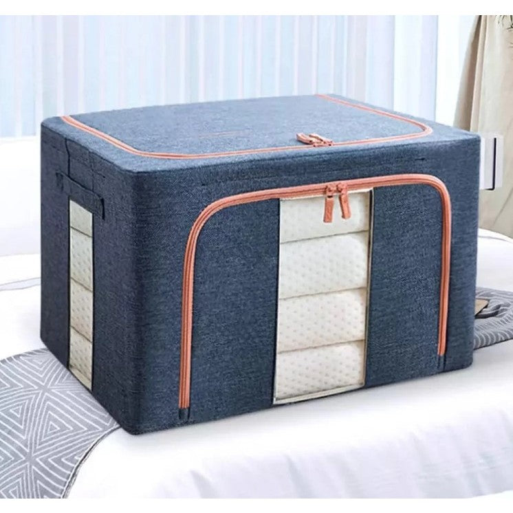 Cutie de Depozitare Pliabila, Flippy, Cu Fermoar, 100 L, Textil, 60x42x40 cm, Cadru Metalic, Suport Baza Stabil din Plastic, Albastru Marin cu Doua Ferestre-4