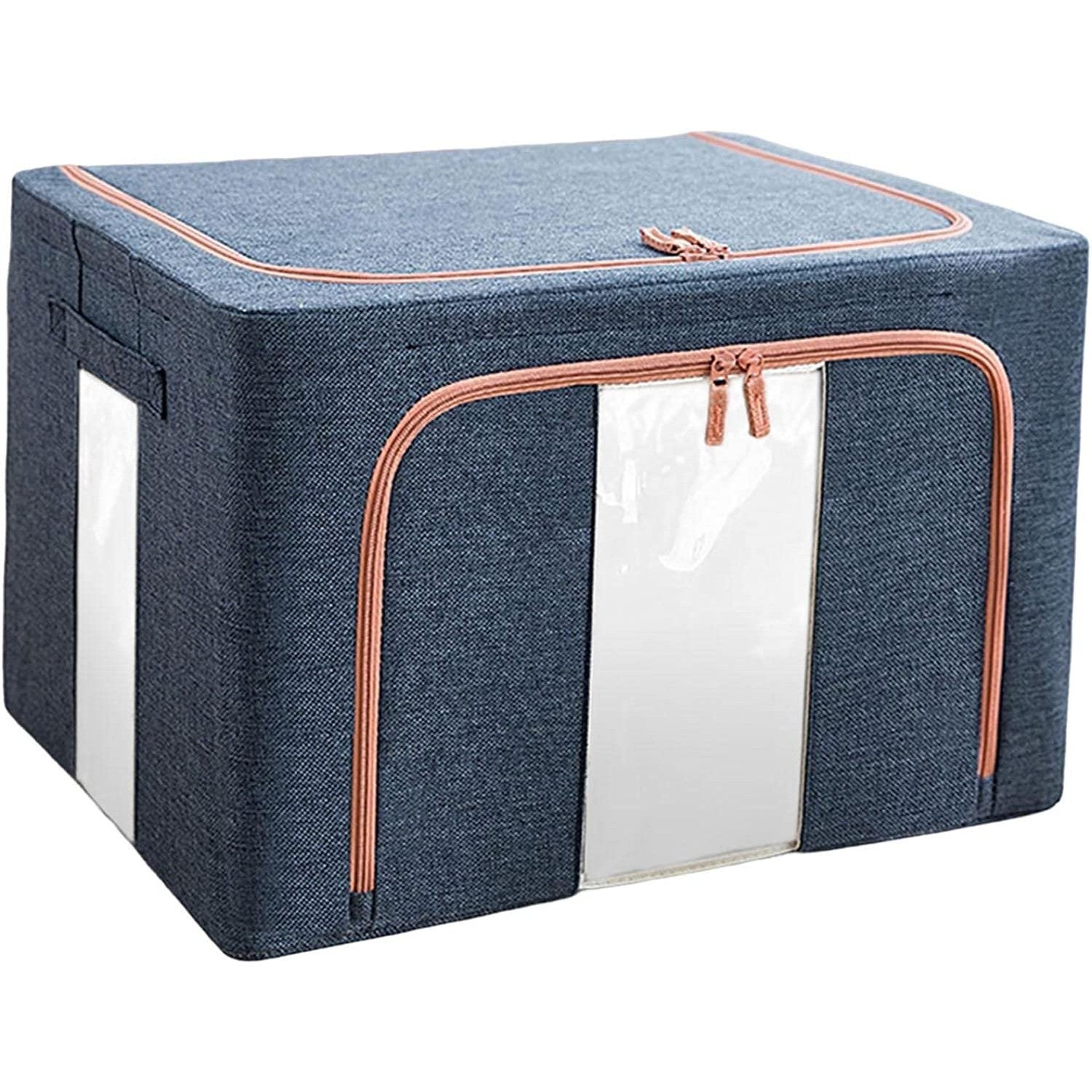 Cutie de Depozitare Pliabila, Flippy, Cu Fermoar, 100 L, Textil, 60x42x40 cm, Cadru Metalic, Suport Baza Stabil din Plastic, Albastru Marin cu Doua Ferestre-0
