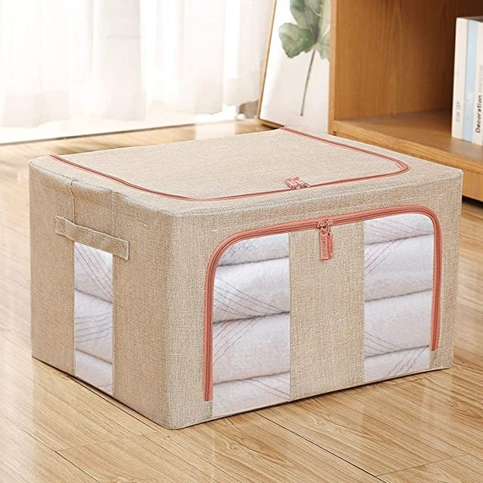 Cutie de depozitare pliabila, Flippy, Cu fermoar, 100 L, Textil, 60x42x40 cm, Cadru Metalic, Suport Baza Stabil din Plastic, Crem cu Doua Ferestre-3