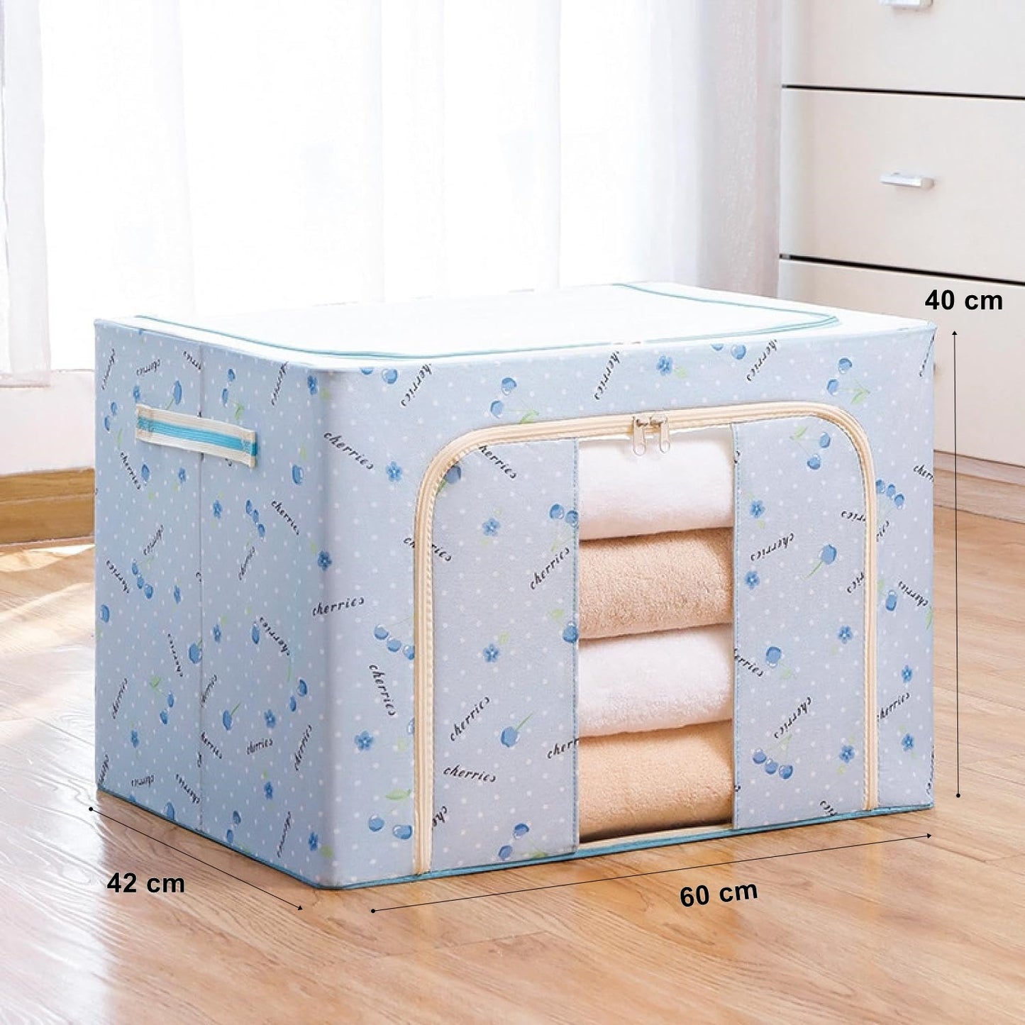 Cutie de Depozitare Pliabila, Flippy, 100 L, din Tesatura Oxford, 60x42x40 cm, Fereastra Frontala, 2 Usi de Acces cu Fermoar Bidirectional, Cadru Metalic, Suport Baza Stabil din Plastic, Imprimeu Cirese, Albastru-2