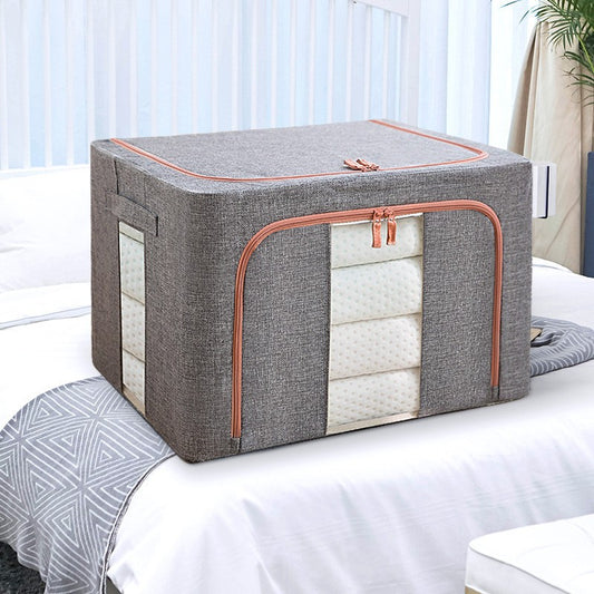 Cutie de depozitare pliabila, Flippy, Cu fermoar, 100 L, Textil, 60x42x40 cm, Cadru Metalic, Suport Baza Stabil din Plastic, Gri, Cu doua ferestre-1