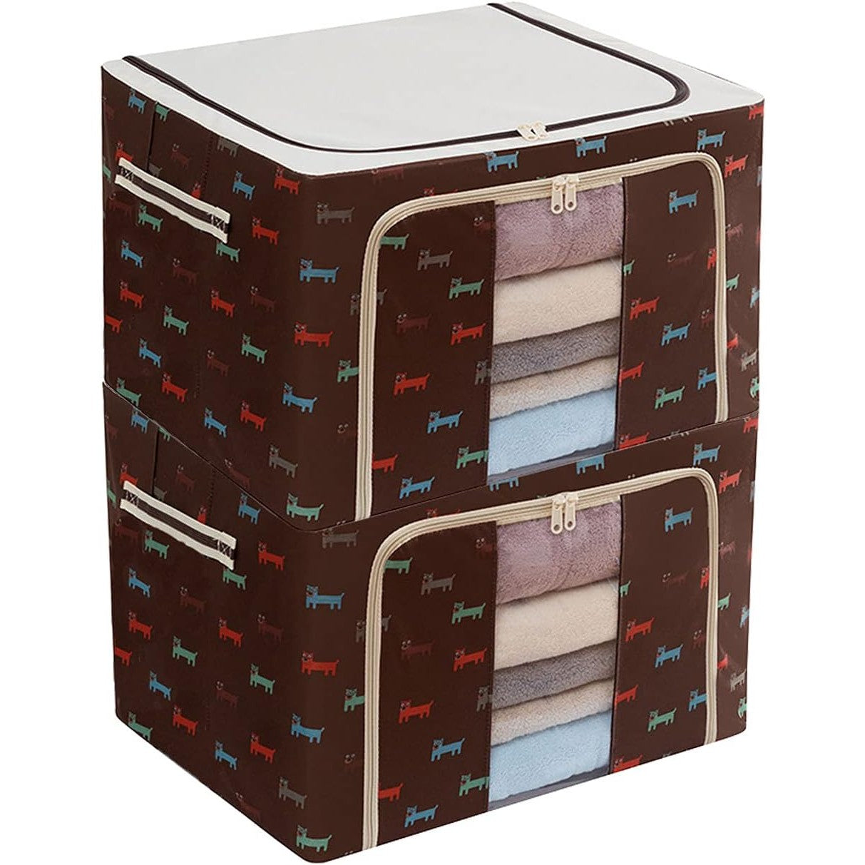Cutie de Depozitare Pliabila, Flippy, cu Fermoar, 100 L, Textil, 60x42x40 cm, O Fereastra, Cadru Metalic, Suport Baza Stabil din Plastic, Imprimeu Catelusi, Maro-2
