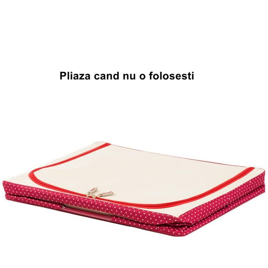 Cutie de Depozitare Pliabila, Flippy, cu Fermoar, 100 L, Textil, 60x42x40 cm, O Fereastra, Cadru Metalic, Suport Baza Stabil din Plastic, imprimeu punctat, Rosu-1